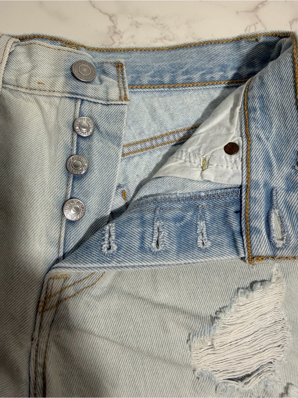 Vintage Y2K Levi's Light Blue Distressed Cut-Off Denim Shorts - 24 - Picture 6 of 11